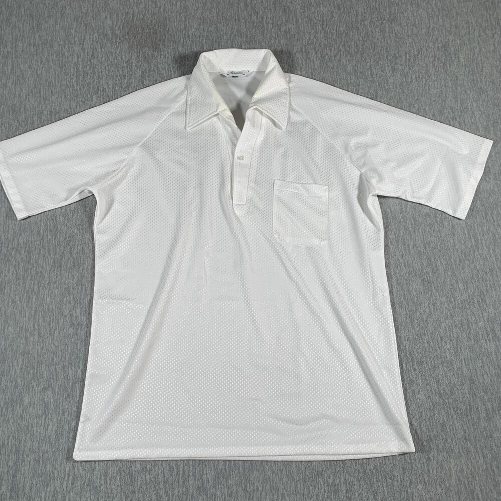 Vintage Dache Shirt Womens Large White Disco Polo Pocket Shiny Knit Retro 70s